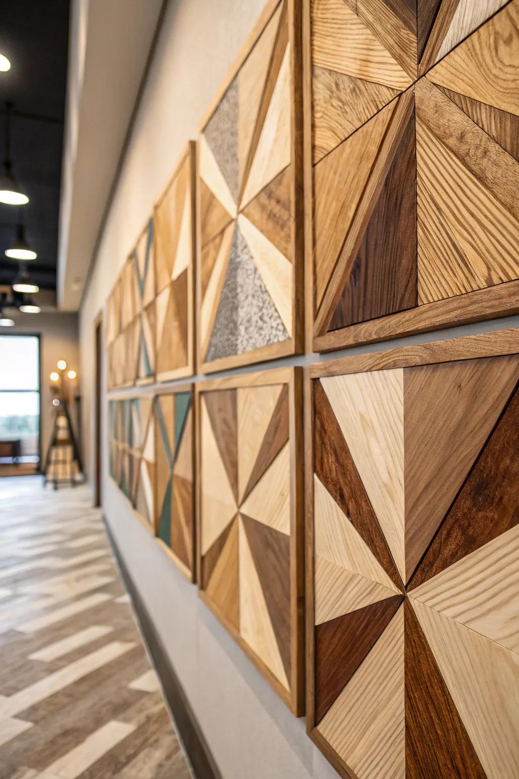 Timber geometric artwork amalgamates nature with contemporary blueprint.