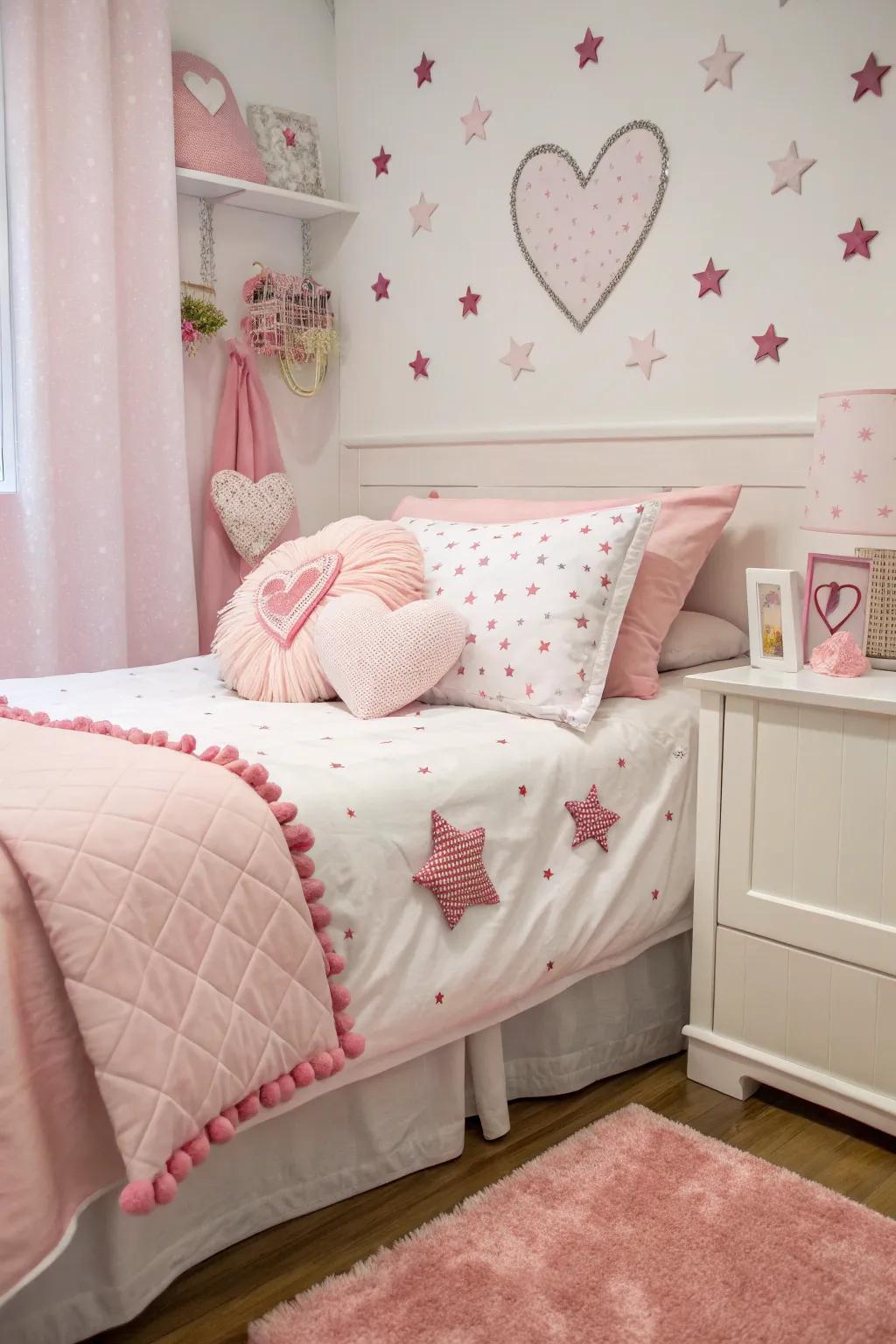 Heart and star-shaped cushions introduce charm and comfort.