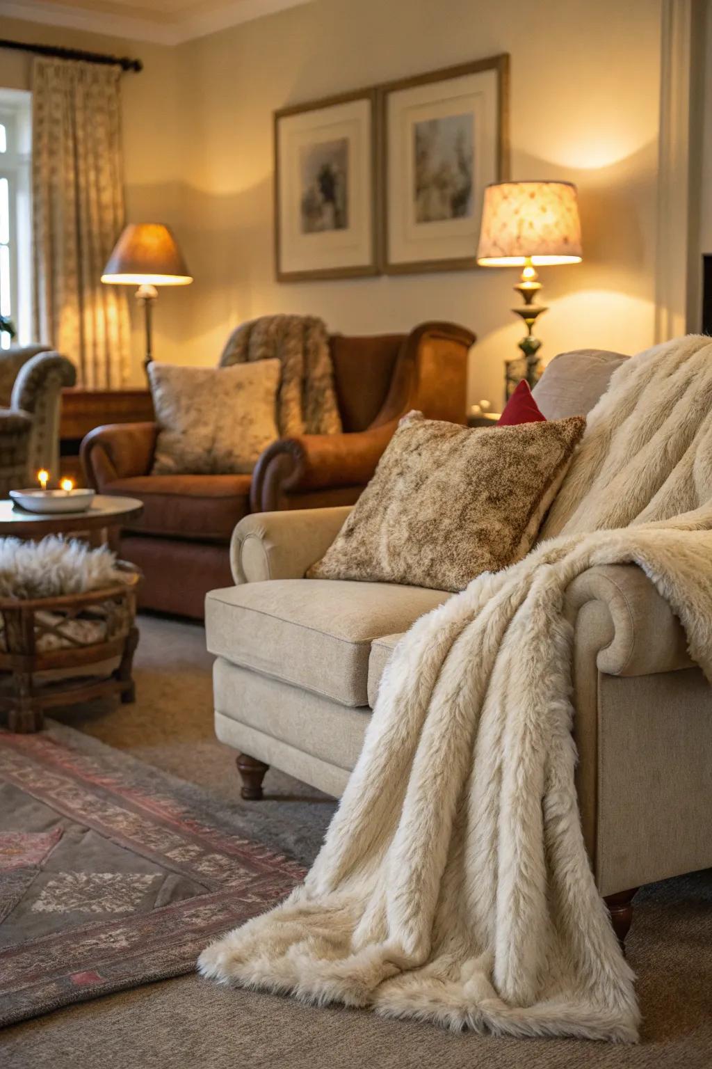 A cozy living room with gentle fur covers adding warmth.