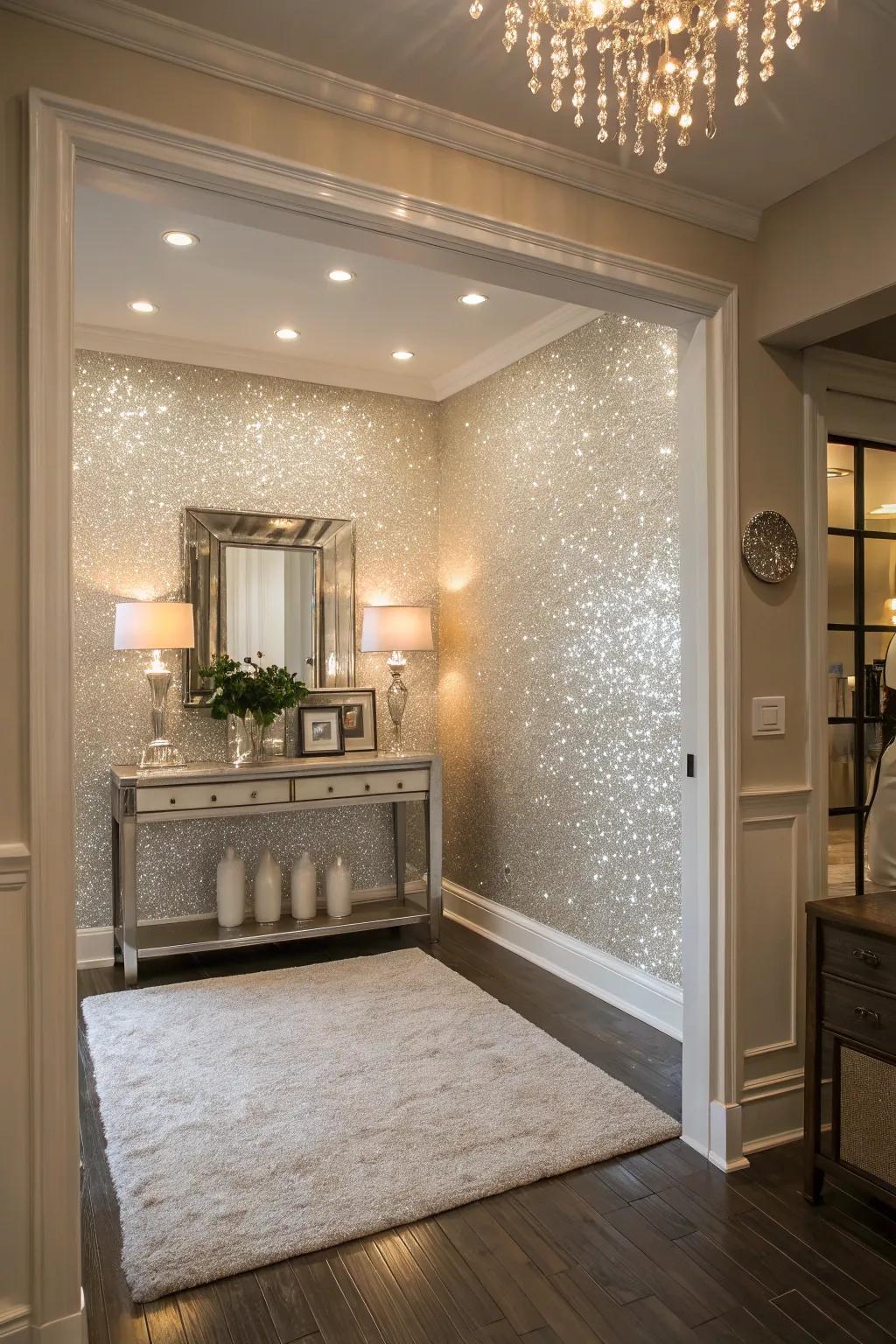 A shimmering wall crafts an inviting entrance.