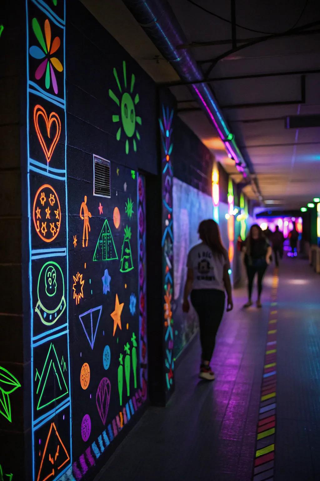 Bright wall embellishments establish a daring and vivid backdrop.