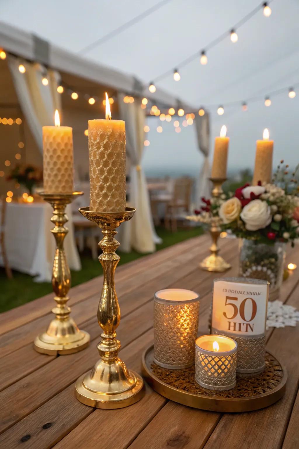 Gold candle holders cast a warm, welcoming glow, setting the perfect ambiance.