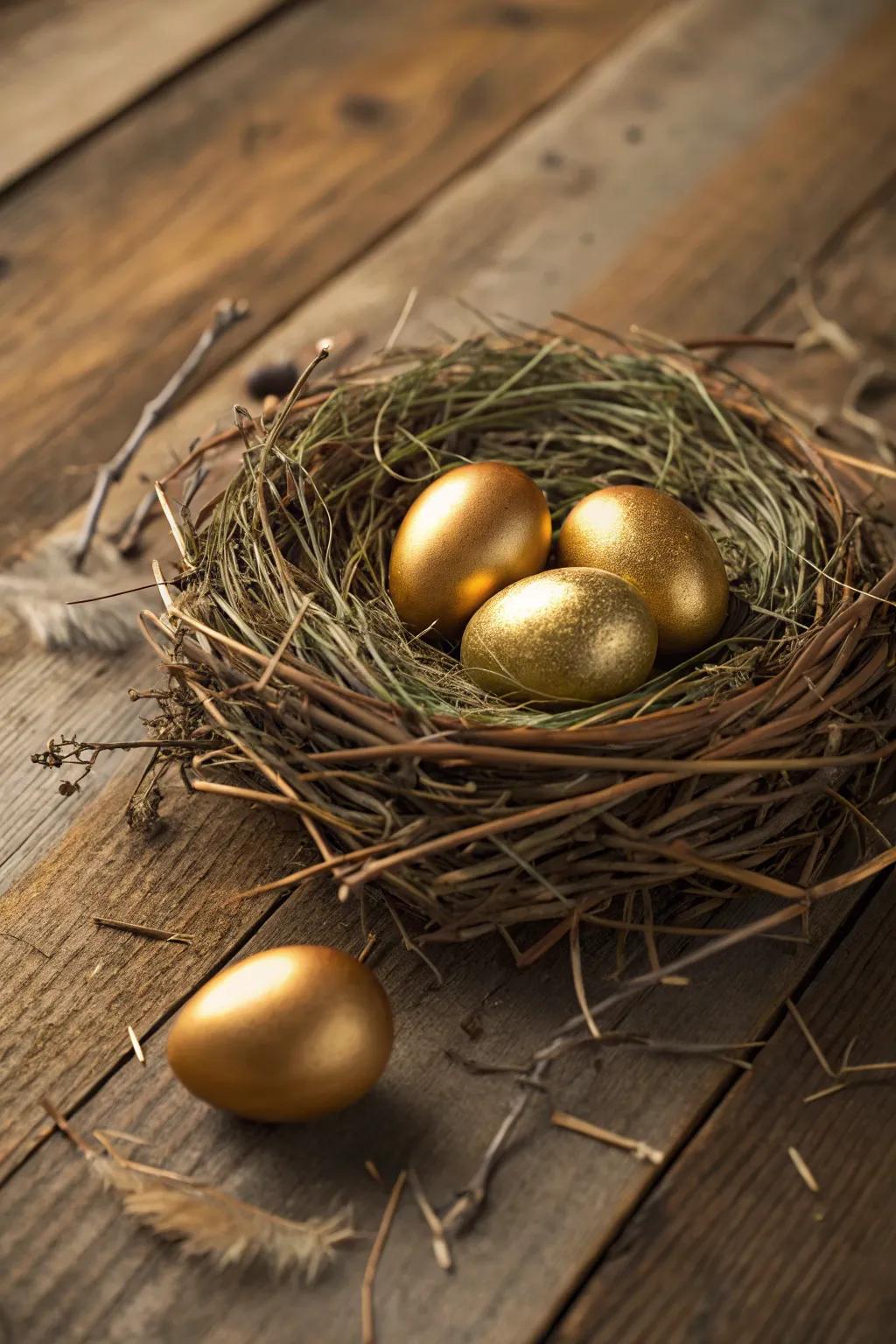 Gilded eggs nestled in a country-style natural nest, perfect for an Easter centerpiece.