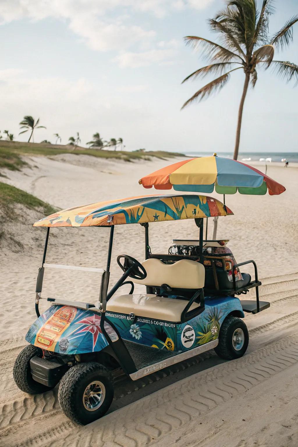 Forge a coastal escape through isle-themed golf cart embellishments.