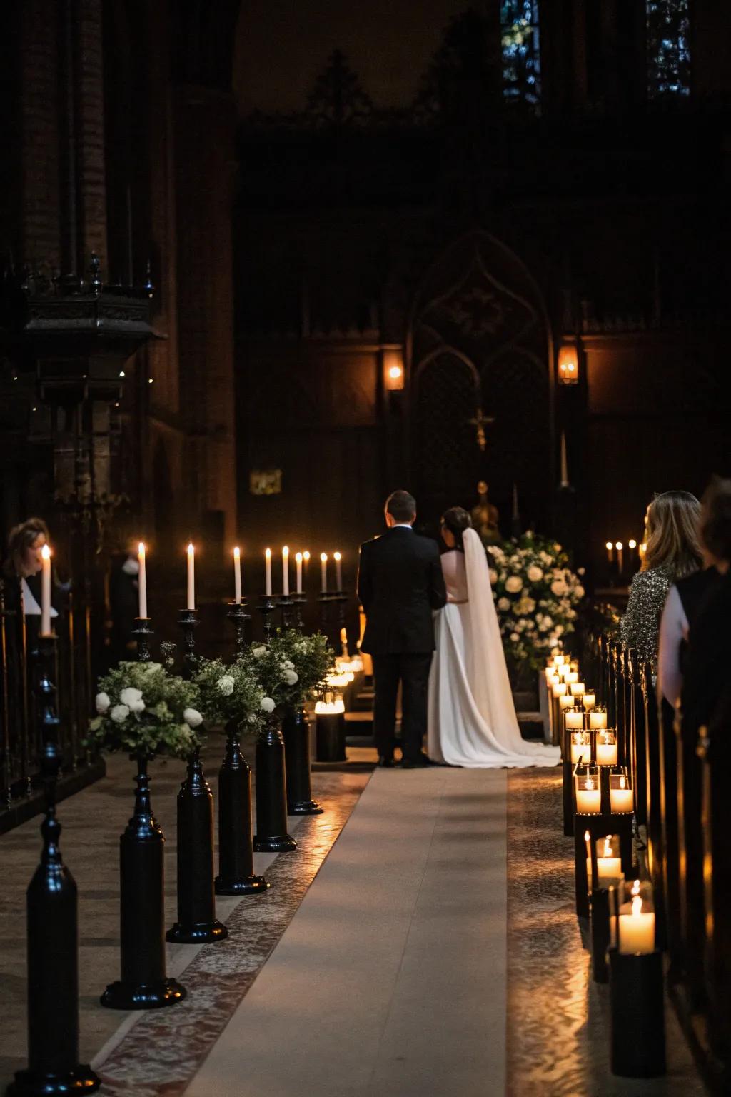 A candlelit gothic wedding ceremony with sable taper candles.