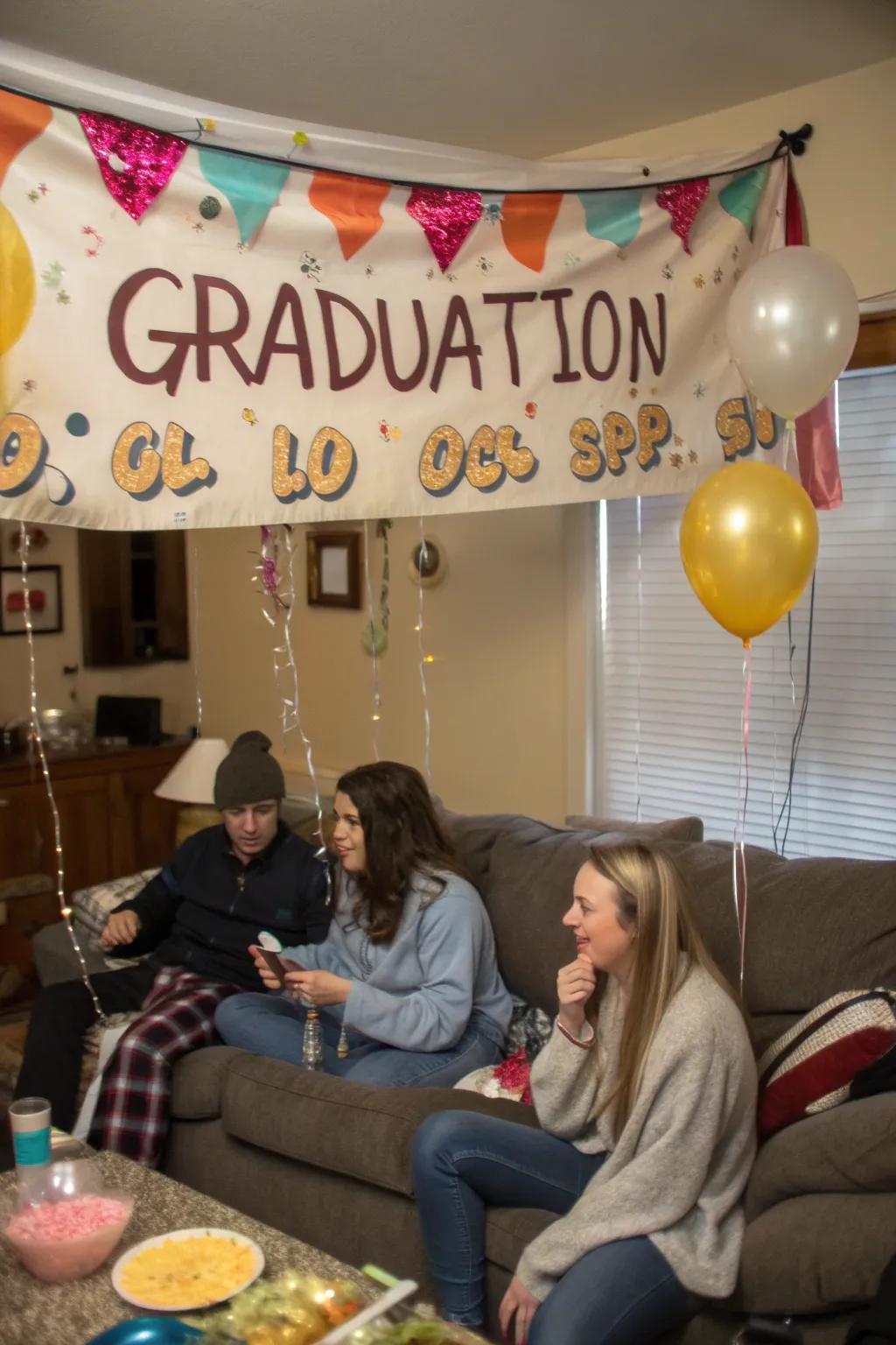 A banner brimming with merriment and levity to commemorate graduation.