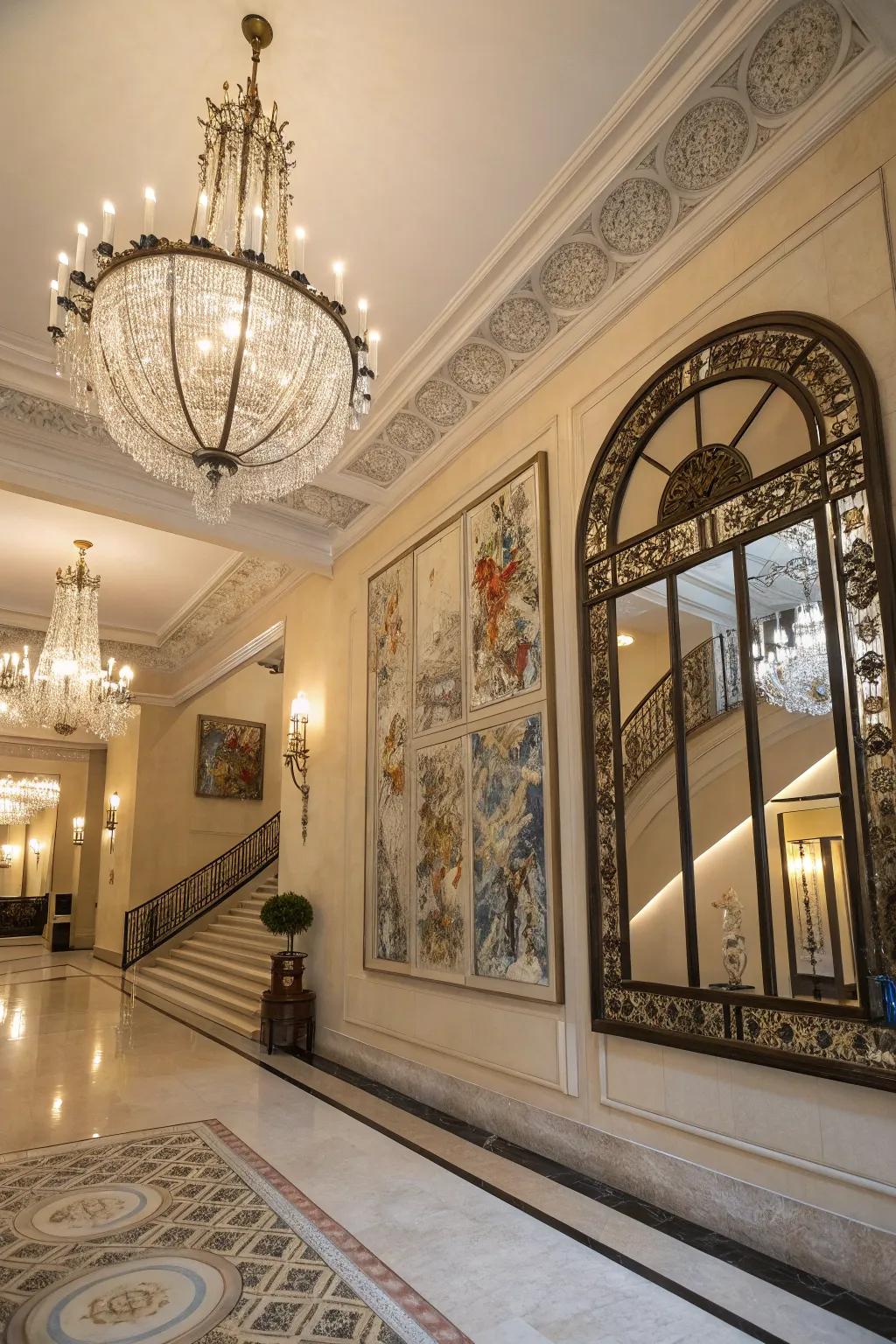 Wall art and decorative mirrors enhance the aesthetic appeal of a grand foyer.