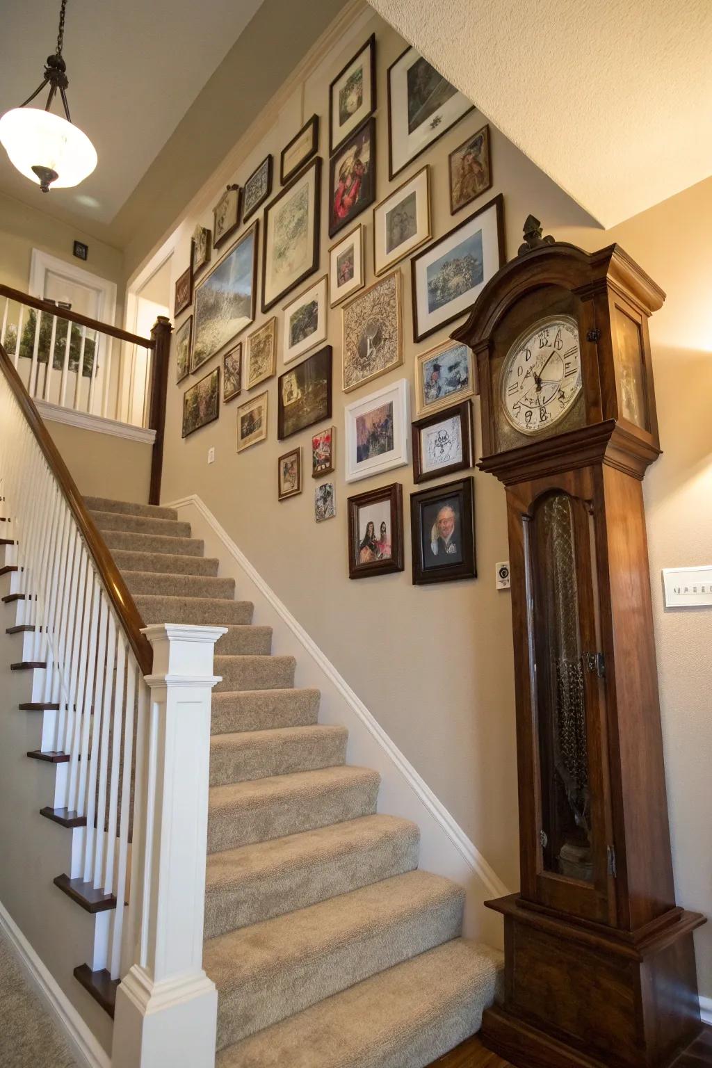 A time-honored timepiece creates a focal point at the base of a staircase.