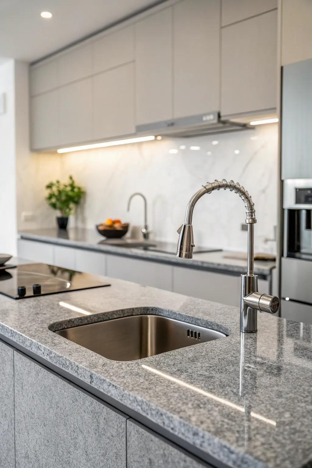 Dove granite embodies modern minimalism in kitchen design.
