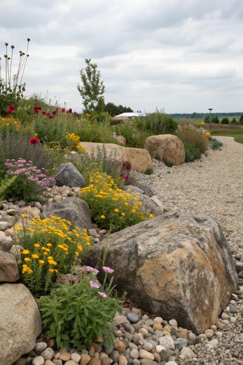 A country-style pebble flower bed featuring large stones