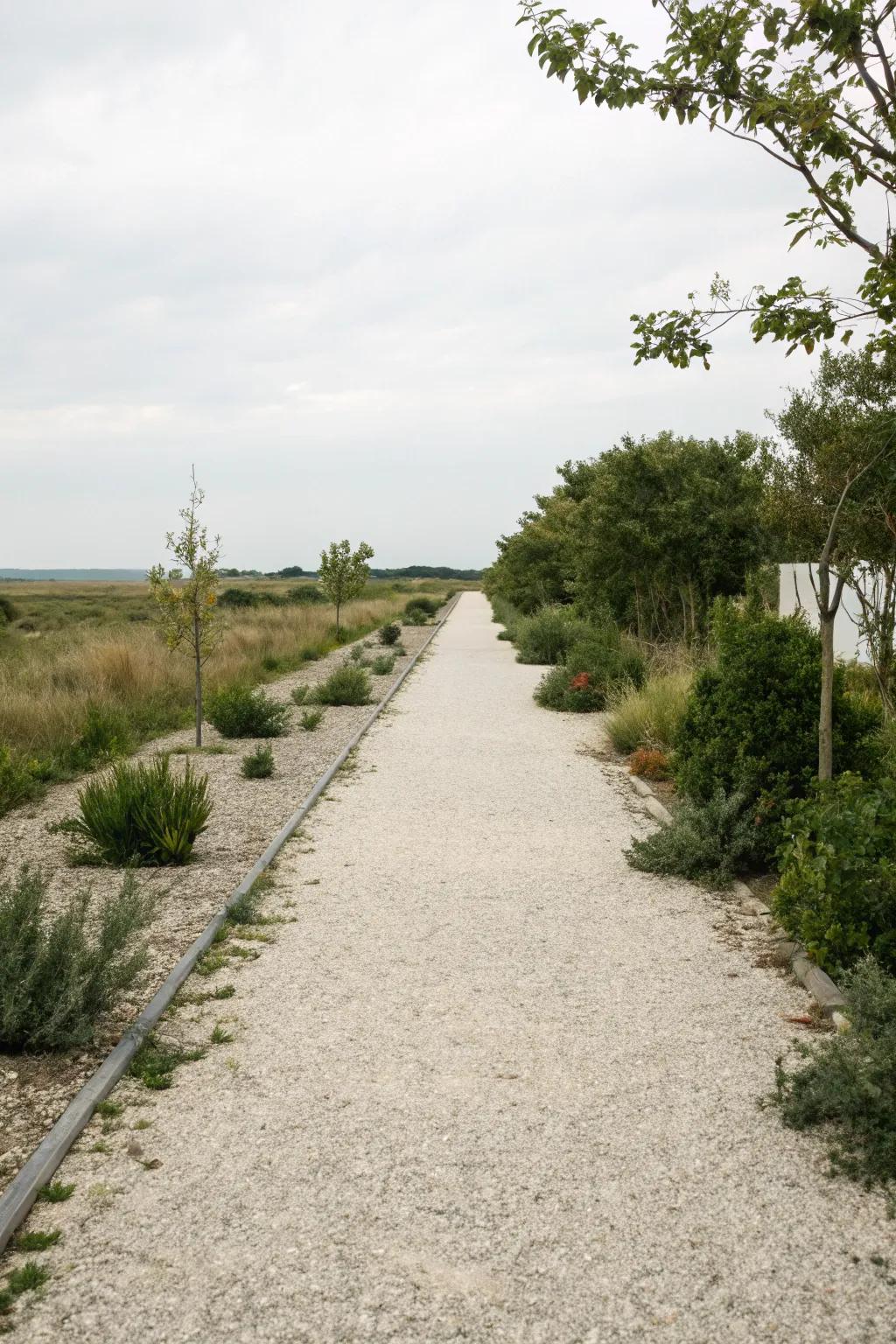 A simple gravel path provides simplicity and elegance.