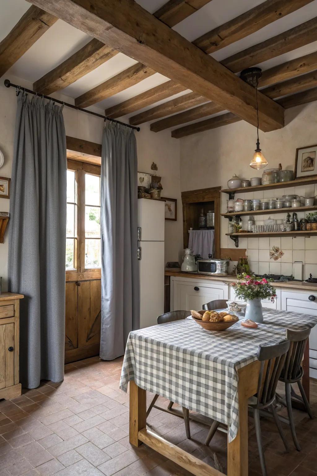 Rustic country charm through ash drapes and wooden components.