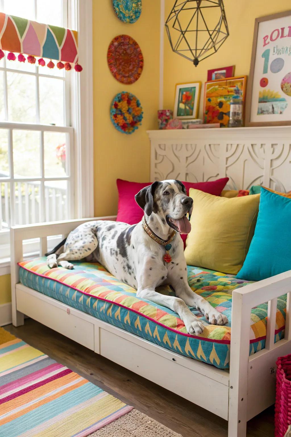 Day beds introduce a burst of color and provide a snug spot for your Great Dane.
