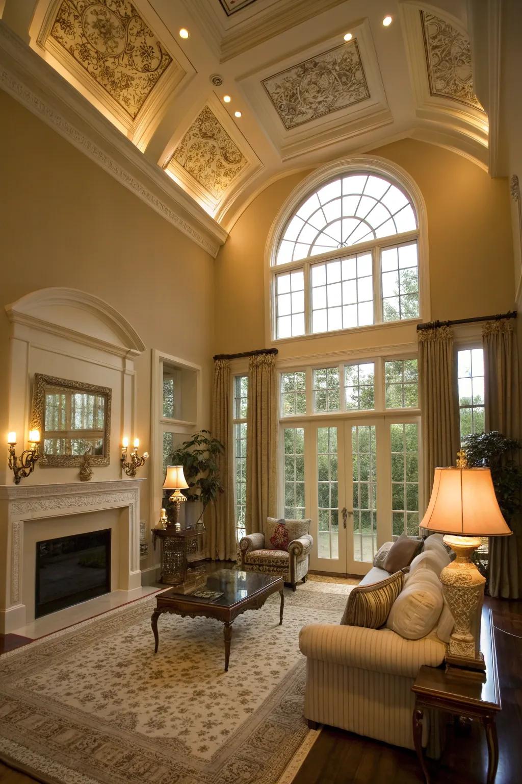 Transom windows bestow sophistication and height to this cultivated living area.
