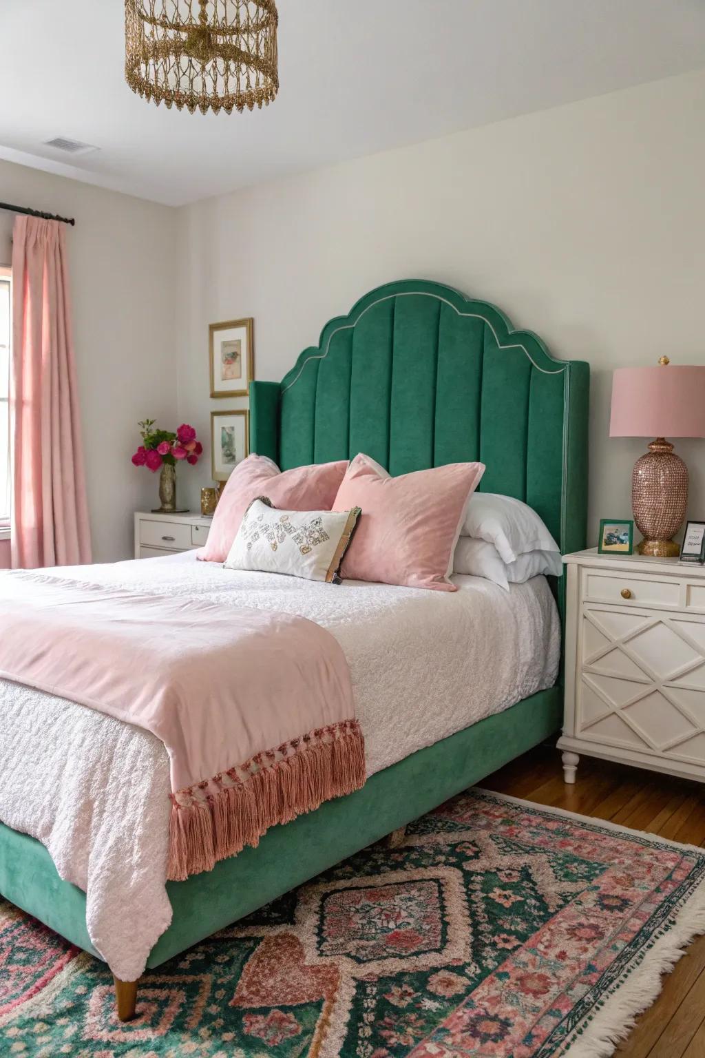 An emerald headboard makes a striking statement in your bedroom.