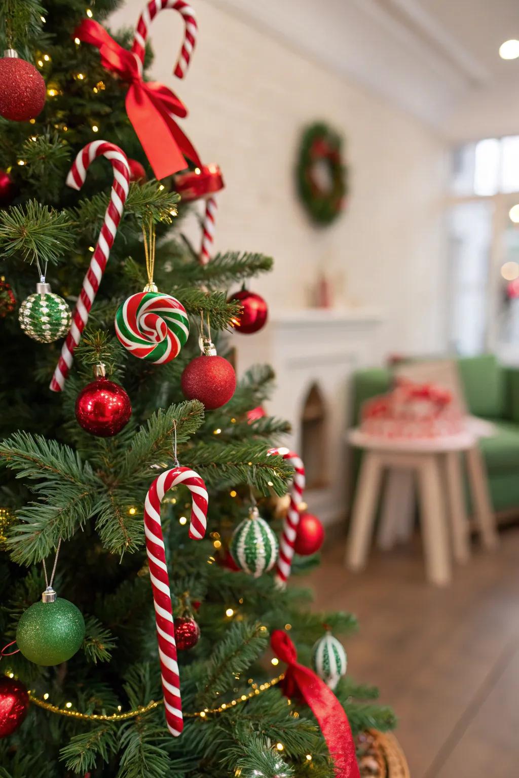 A playful peppermint-themed Christmas tree showcasing red and green embellishments.