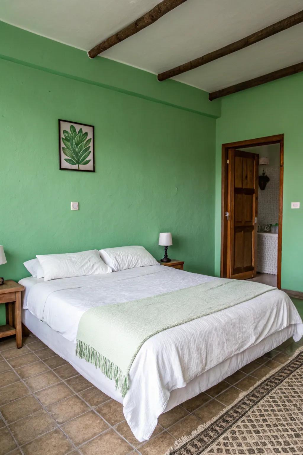 White bedding provides a fresh, neat contrast.