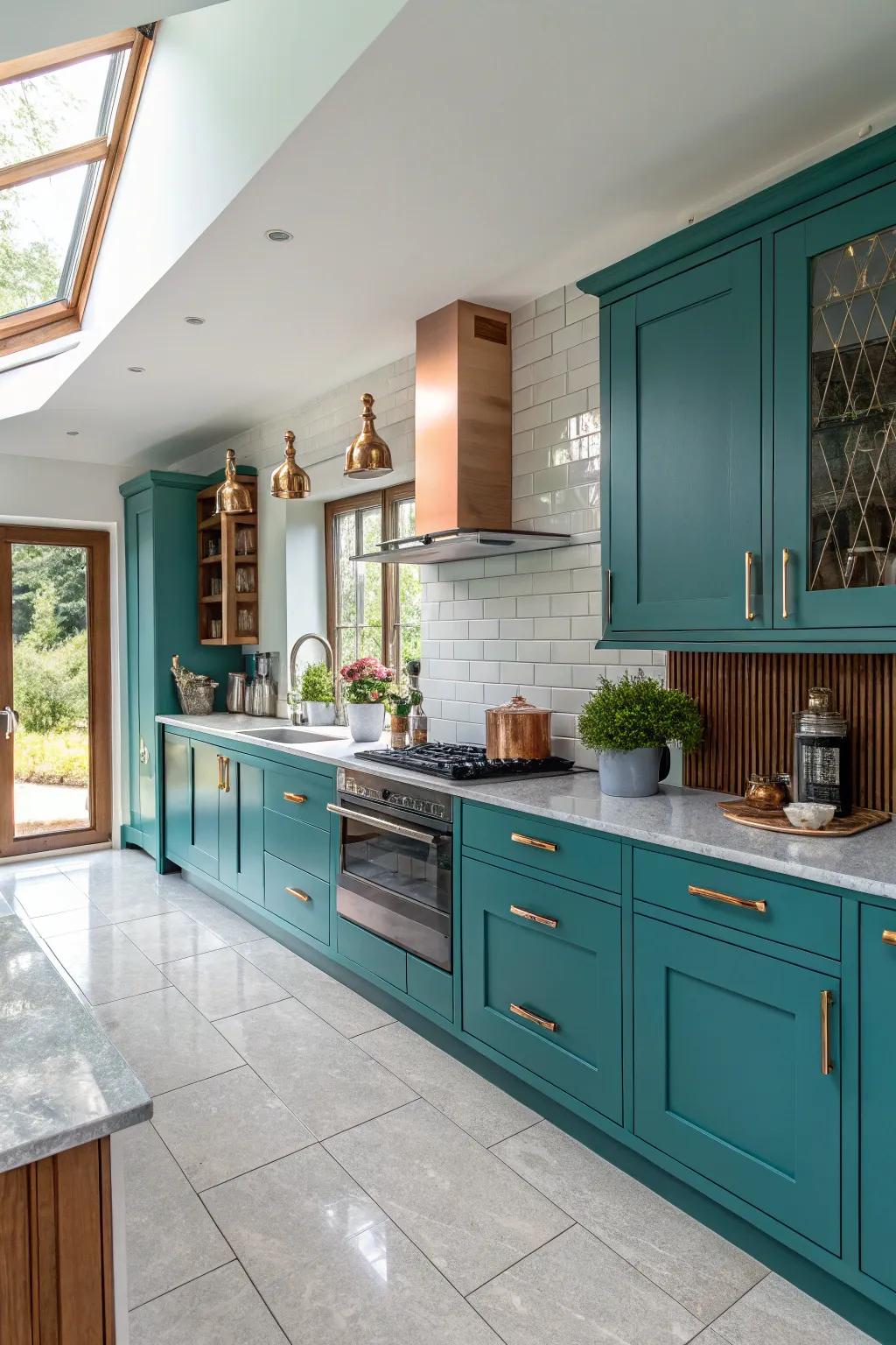 Distinctive kitchen featuring teal cabinets and stylish copper accents.