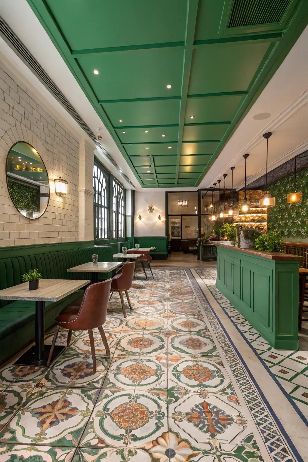 Unexpected green features such as ceilings or coverings can elevate any space.