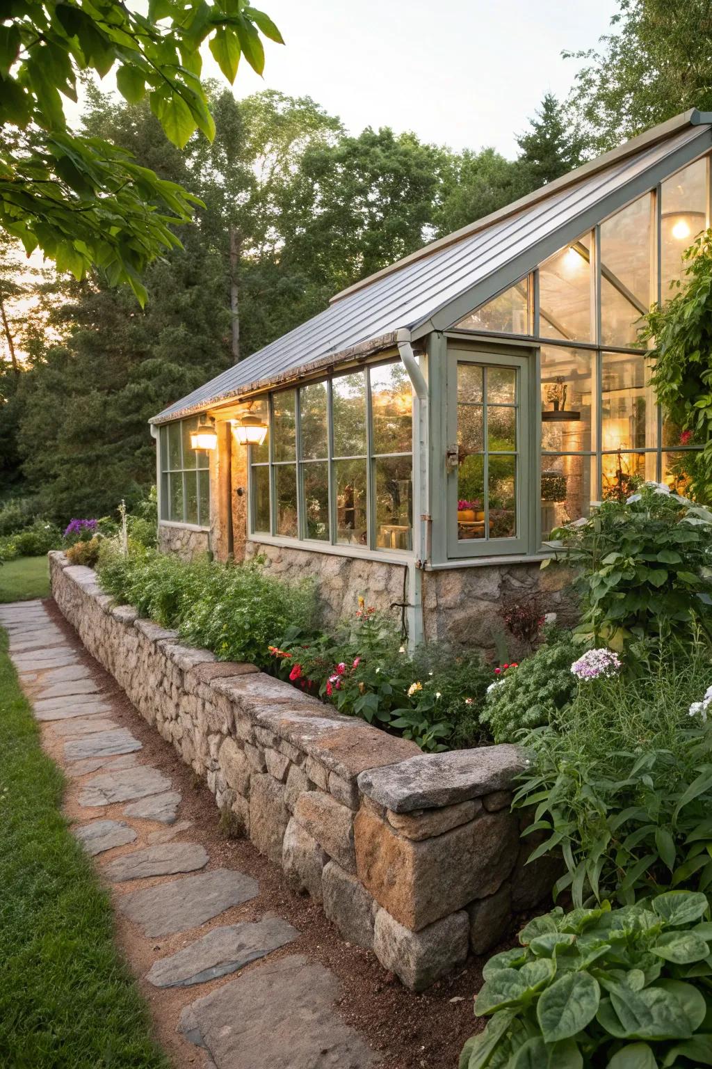 Stone features add charm to a greenhouse.