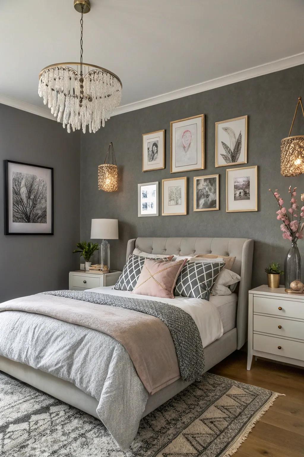 Artwork instilling vitality and verve into a grey-toned statement wall.
