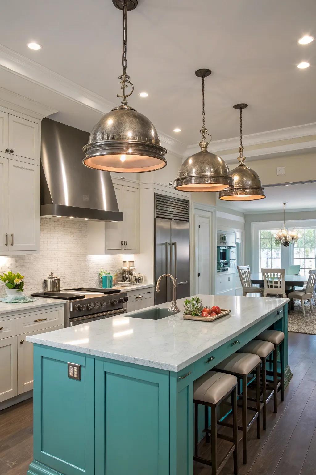 Metal lighting fixtures add beauty and enhance the kitchen's glow.