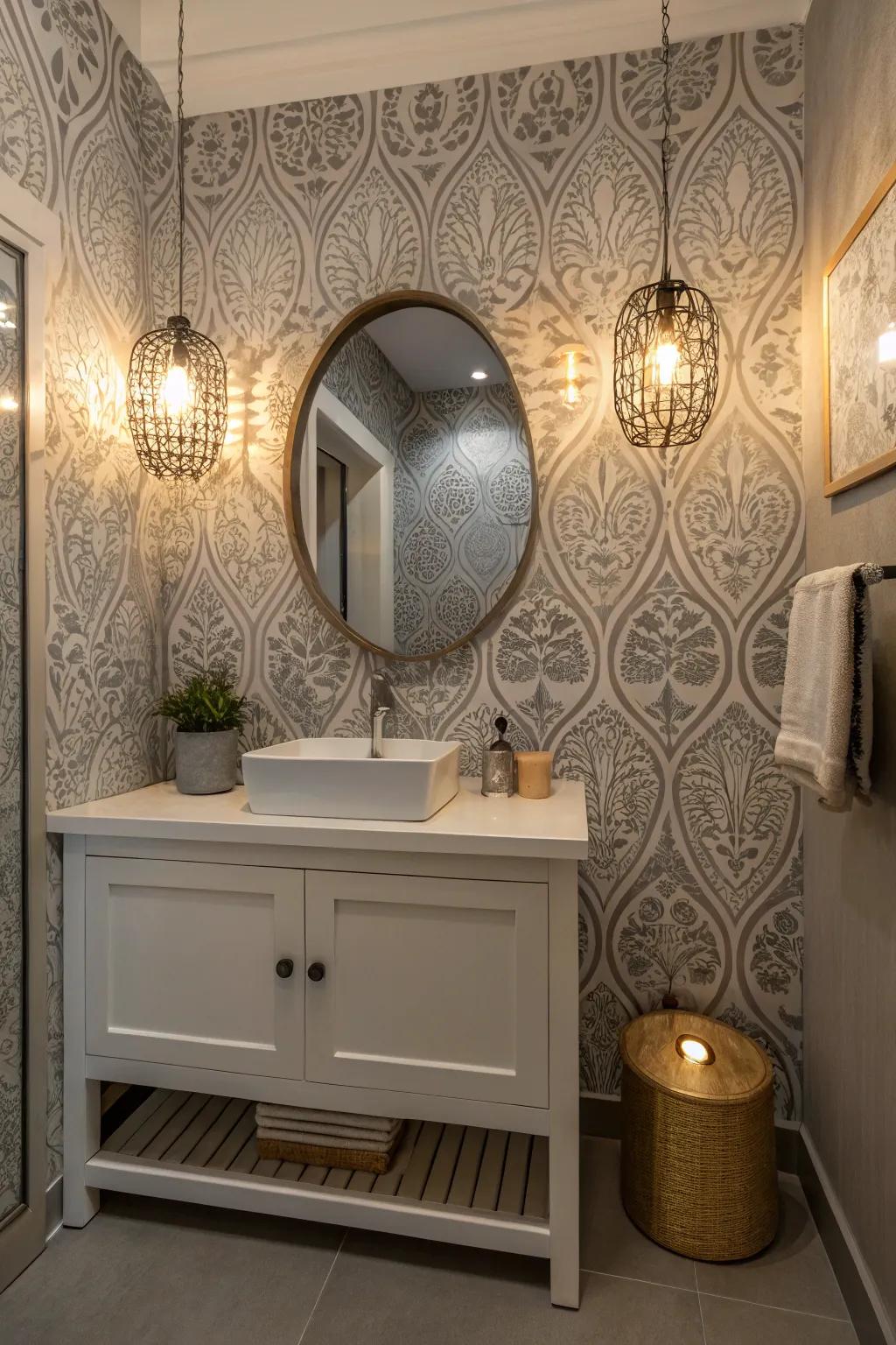 Patterned grey wallcovering infuses texture and interest into this small bathroom.