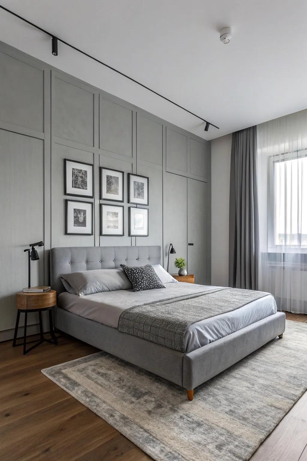 Streamlined furnishings complement a modern grey personal space.