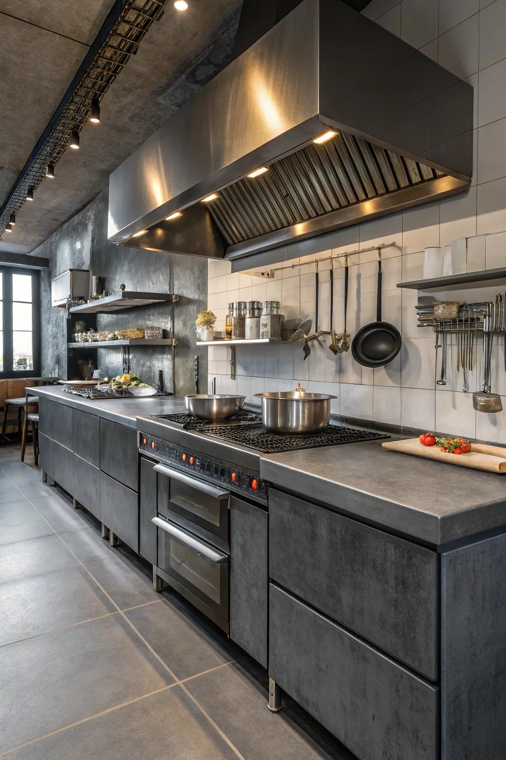 Industrial kitchen featuring striking deep grey countertops.