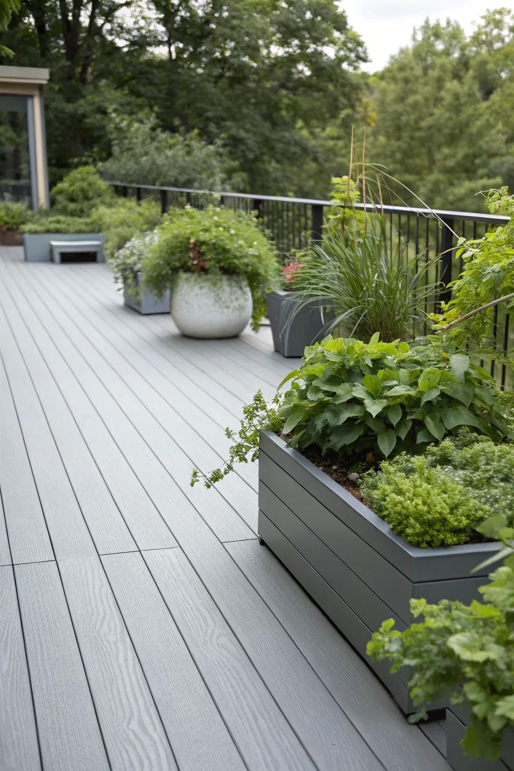 A tranquil grey patio surrounded by lush greenery.