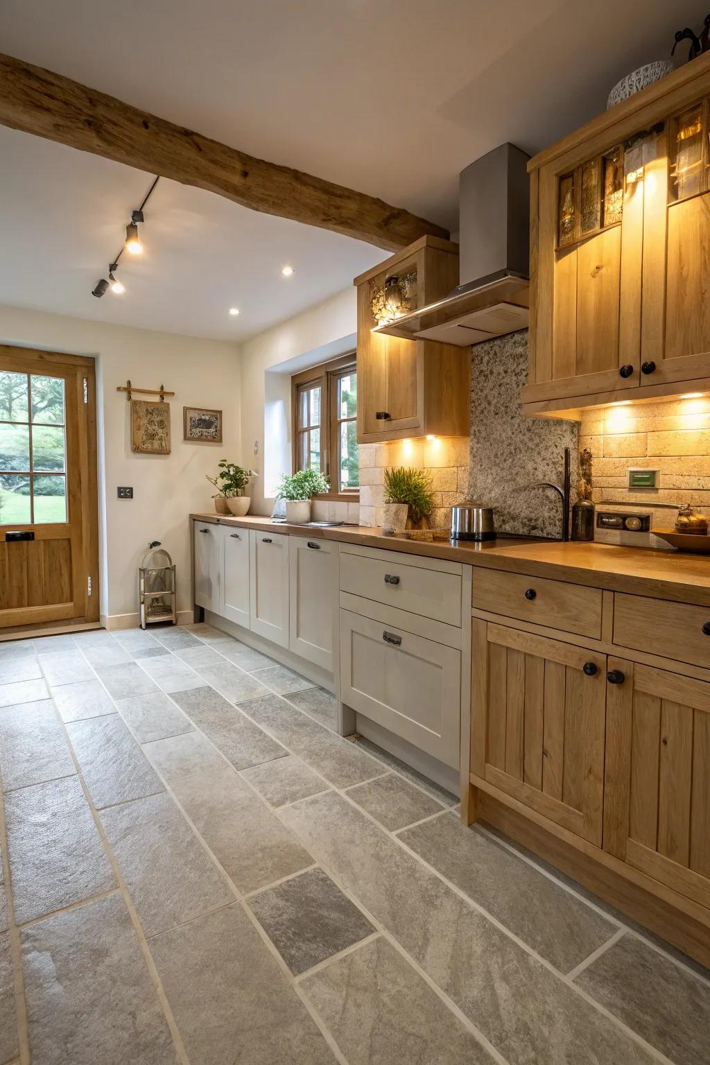 Beige-greyish flooring brings warmth and elegance to this cooking space.