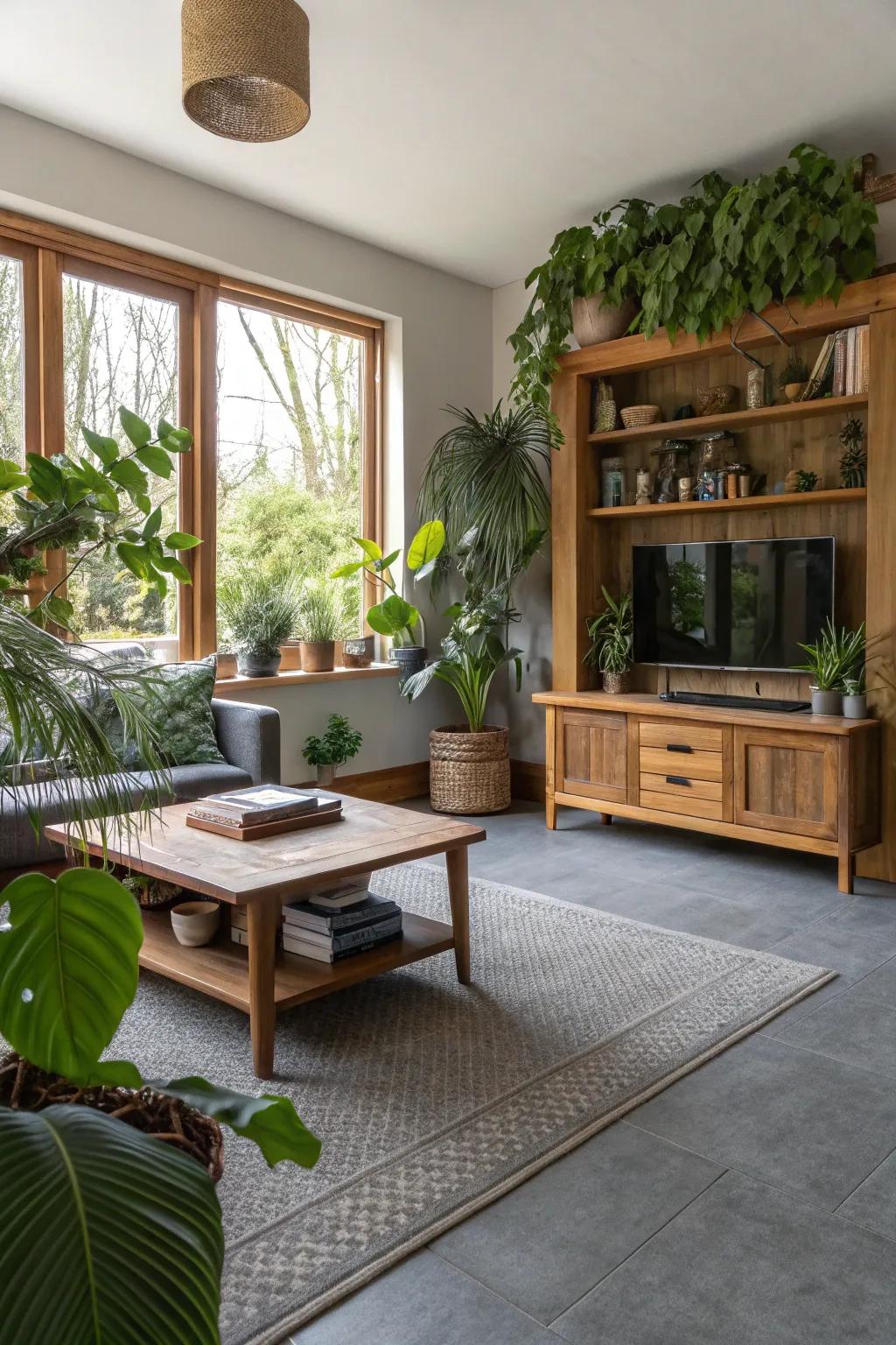 Nature enhances the neutrality of grey flooring.