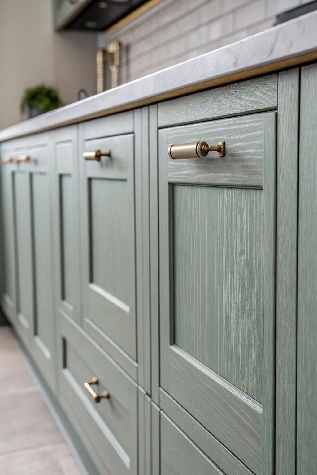 Simple hardware makes the greenish-gray cabinets look sleek.