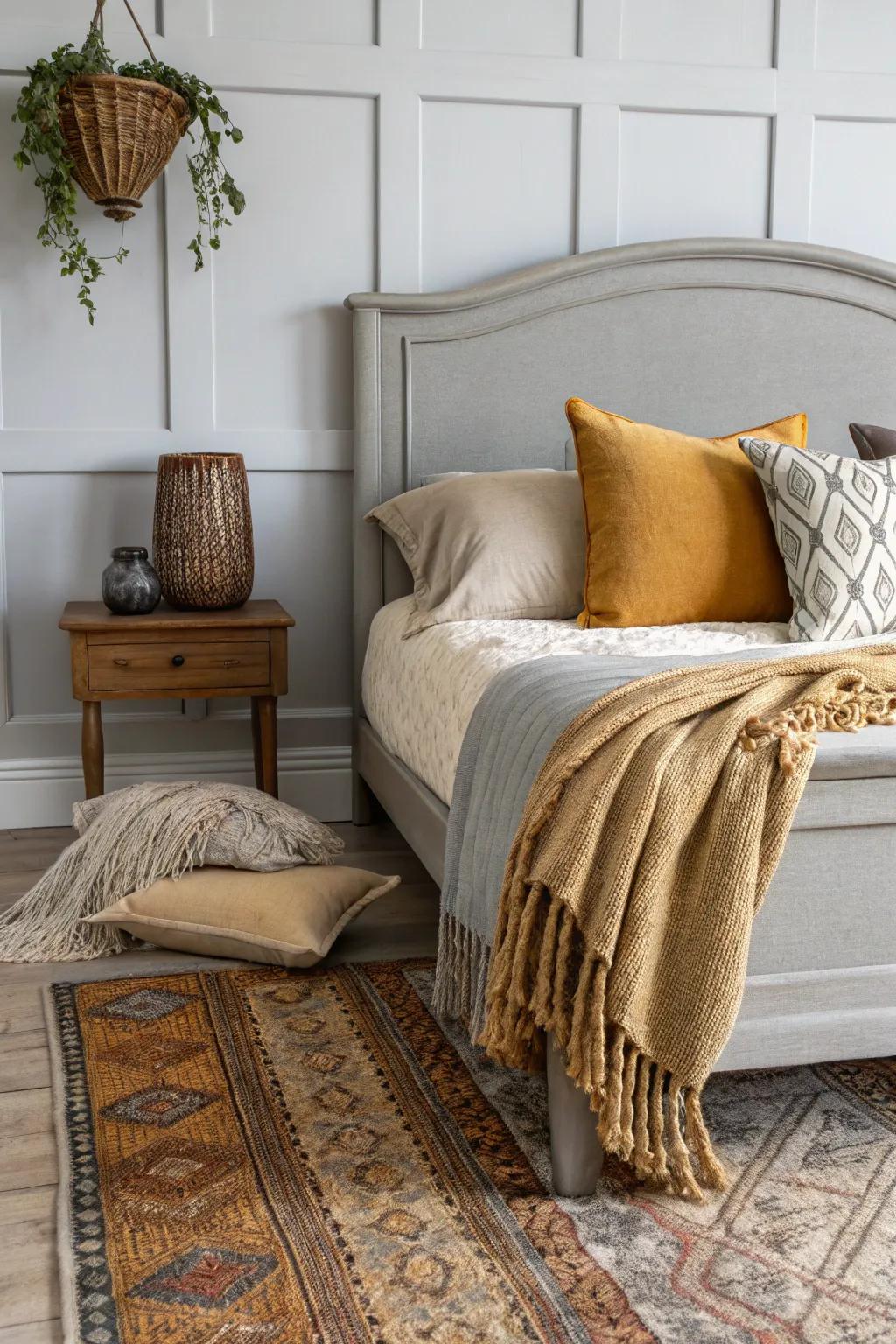 A warm and inviting bedroom with a stone-toned headboard and cozy decor.