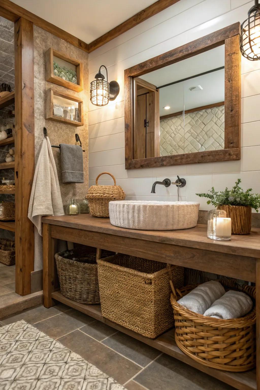 A guest bathroom showcasing textured elements such as woven baskets and wooden accents.