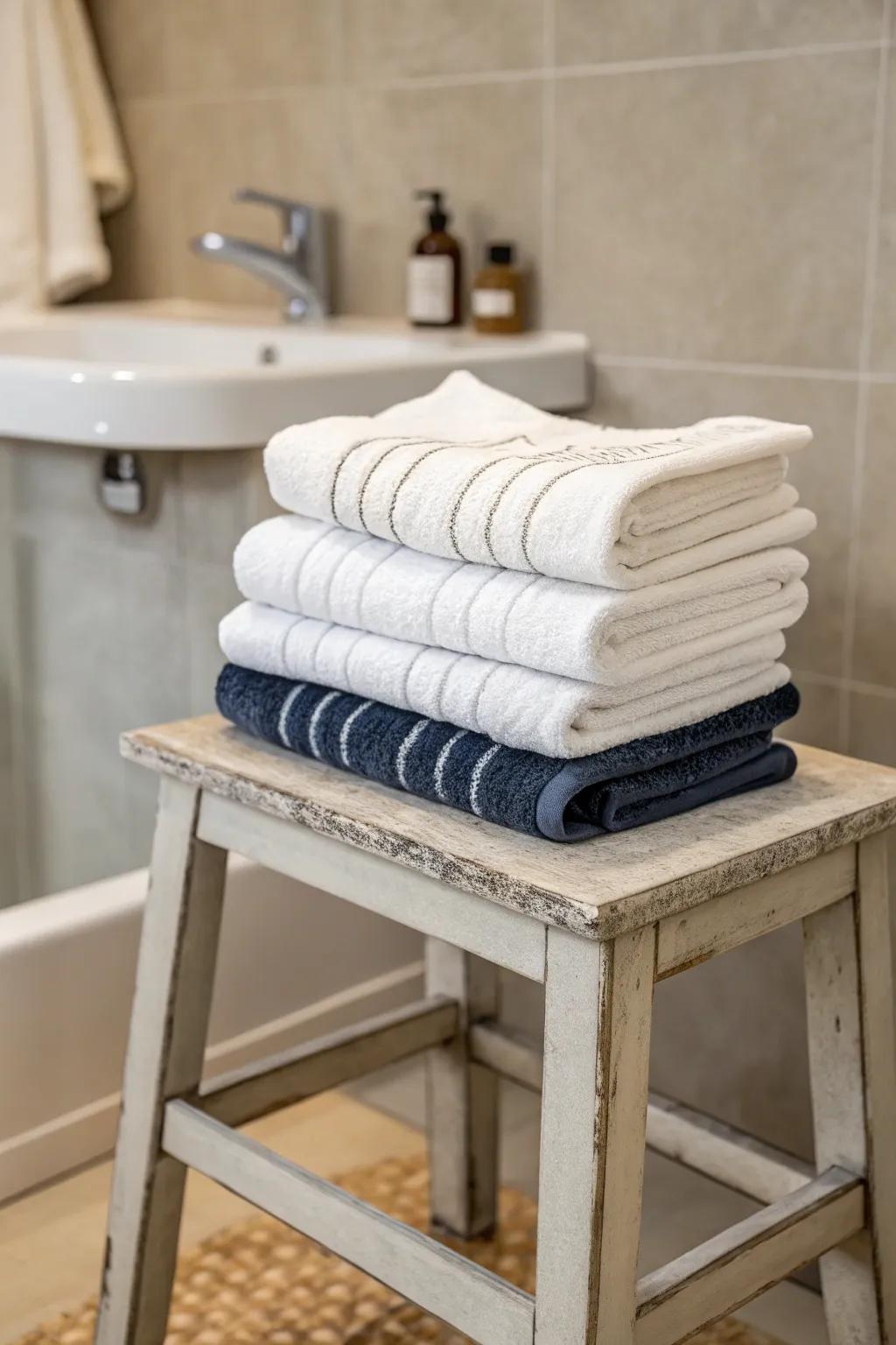 Arrange towels on a stool for an artistic display.