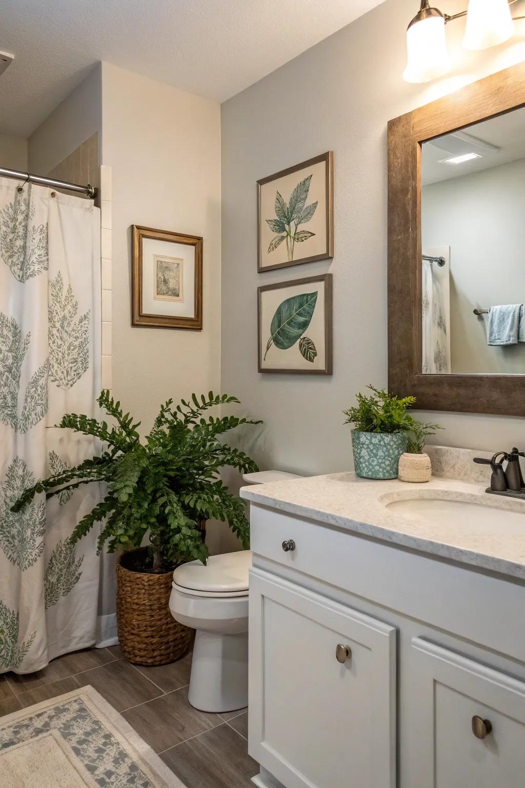 Individual accents such as plants and art make this guest bathroom inviting.