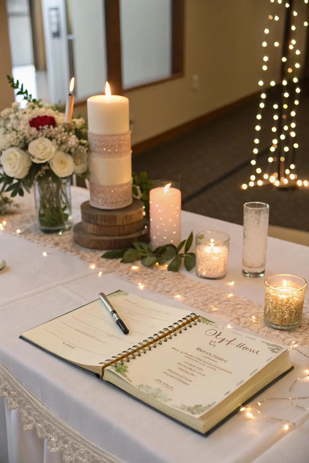 Lights add a warm, inviting glow to the guest book table.