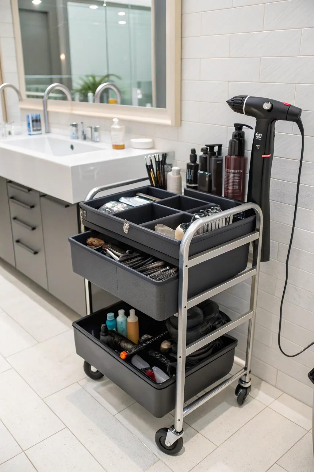 A versatile mobile cart keeps hair products organized and accessible.