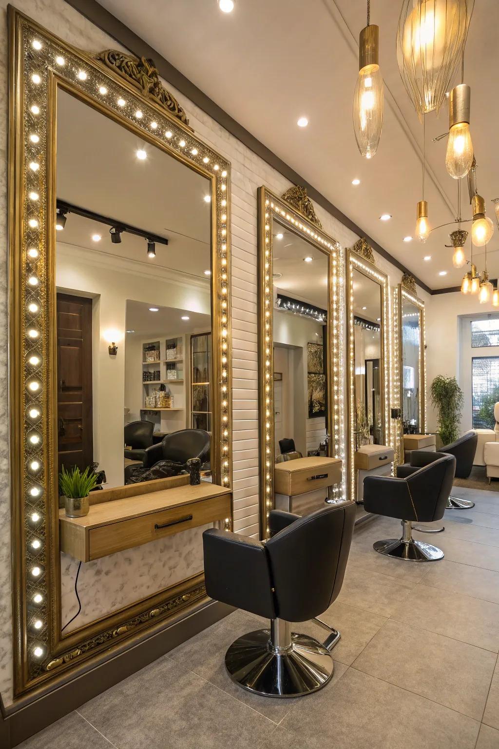 Mirrors and lights synchronize to conjure an expansive ambiance.