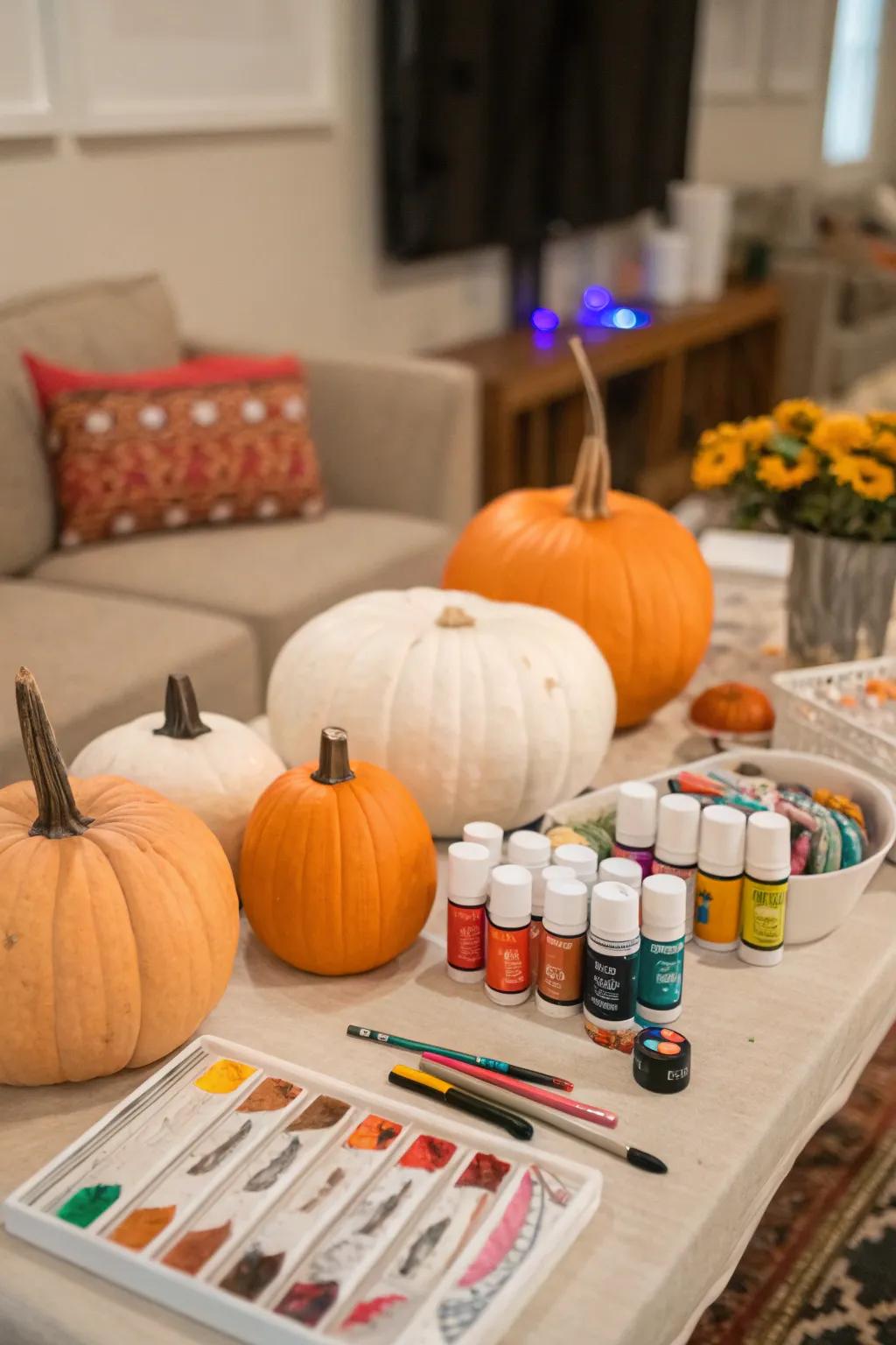 A pumpkin decorating station offers fun and creativity for guests.