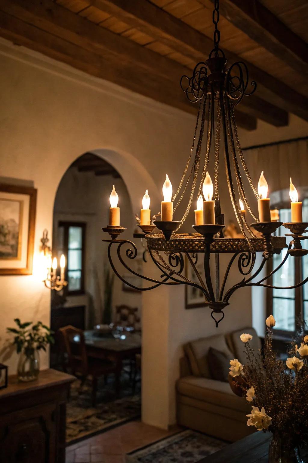 Candelabra-style bulbs cast a spooky radiance, ideal for Halloween.