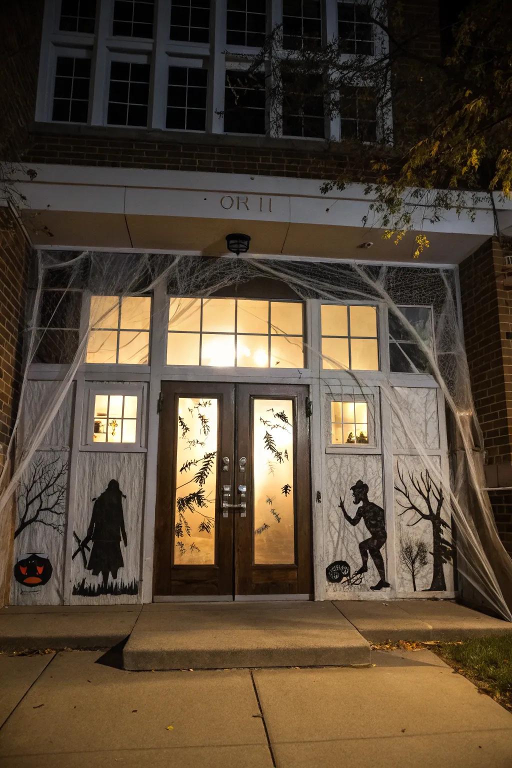 An entrance converted into a phantom manor, replete with radiant windows.