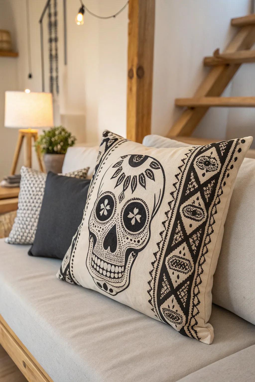Improve your Halloween ornamentation using a trace of style: cranium themed cushion blending bold design with serene simplicity.