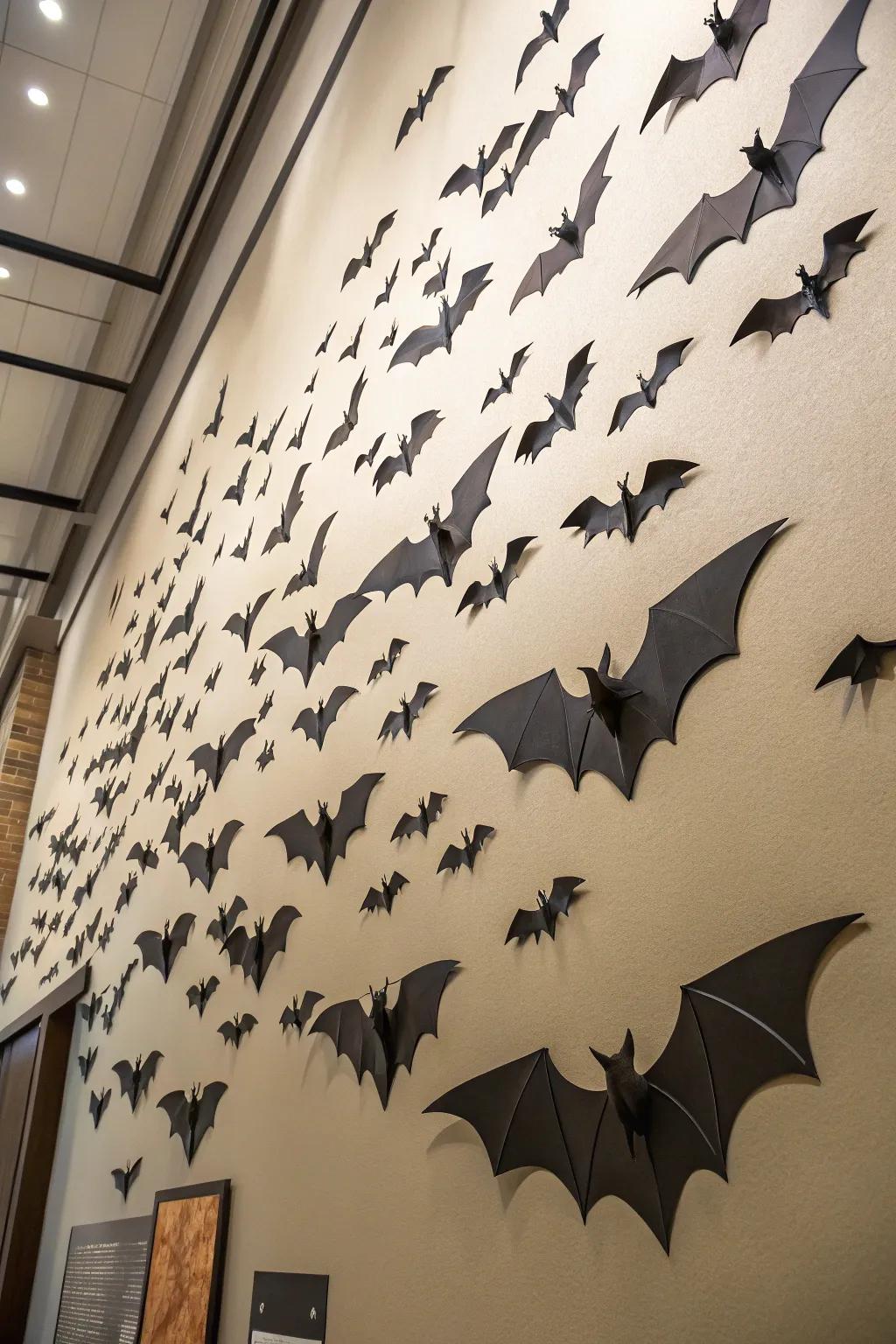 A three-dimensional bat multitude crafts an arresting Halloween tableau.