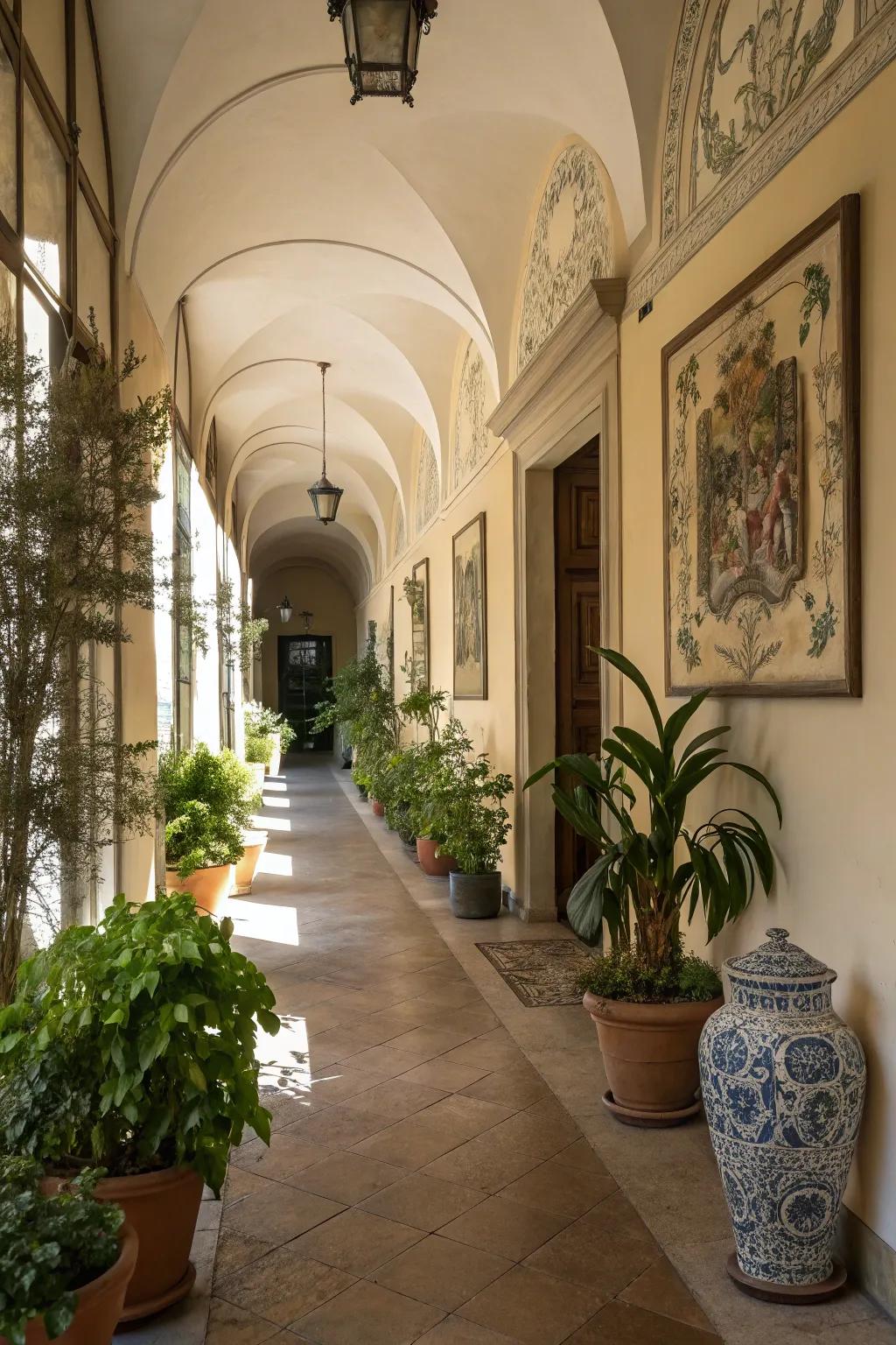 Flora and decorations impart profundity and animation to corridor artwork.