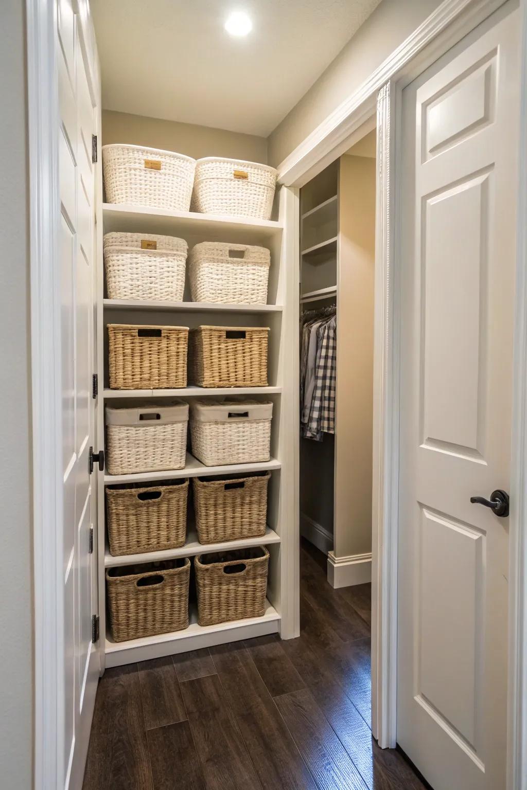 Matching holders in a hallway closet for a look that is together and stylish.