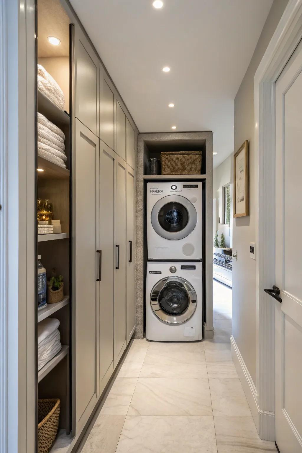 Built-in cabinets deliver a neat and coordinated look to a hallway laundry space.