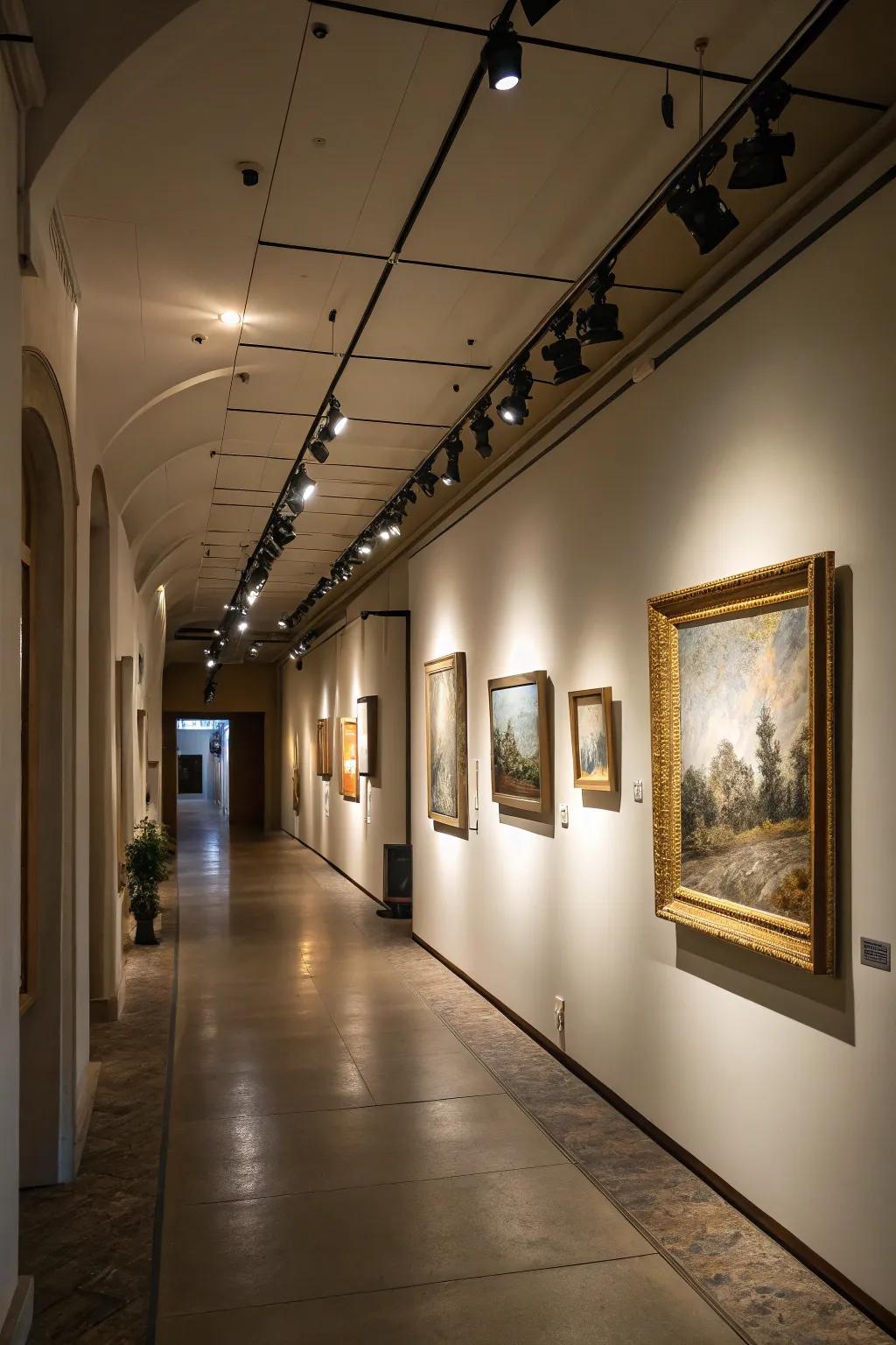 Focused illumination enhances hallway artwork with stunning effect.