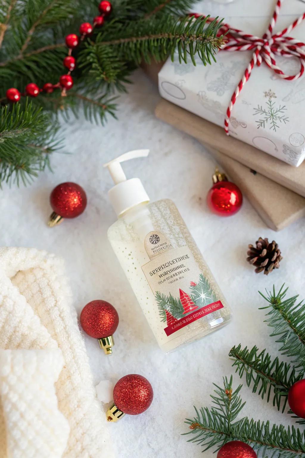 Hand cleanser embellished with a festive ornament